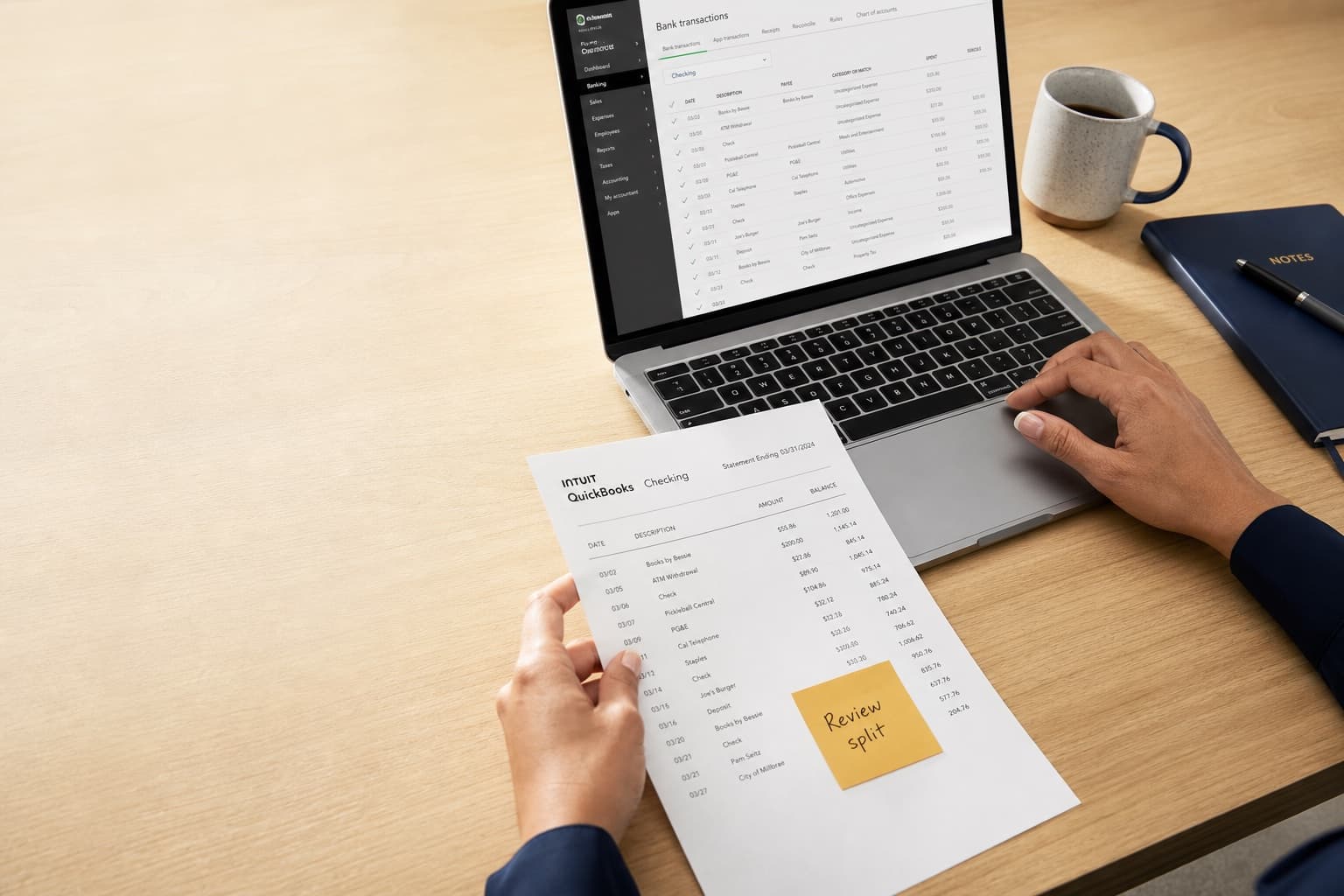 Bookkeeper reviewing AI-assisted bookkeeping transactions against financial statements