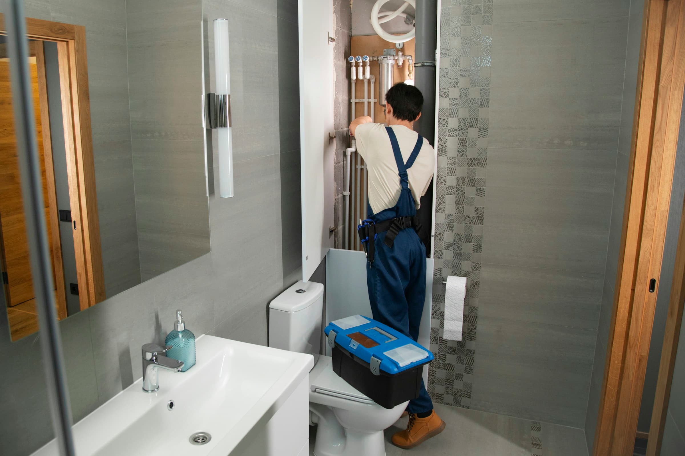 Residential plumber working on exposed bathroom plumbing